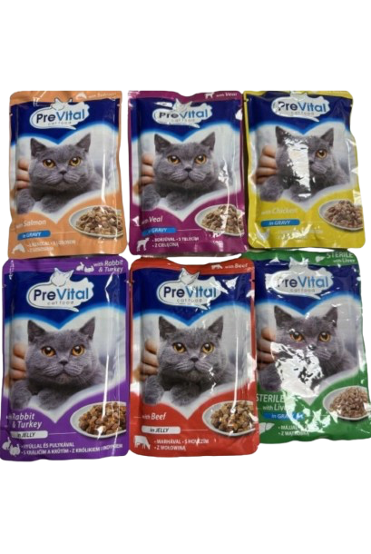 Prevital Tasakos Csirke, Borjú, Lazac, Marha Zselé, Nyúl és Pulyka Zselé, Steril Máj Szósz 100g 24db/dob/íz